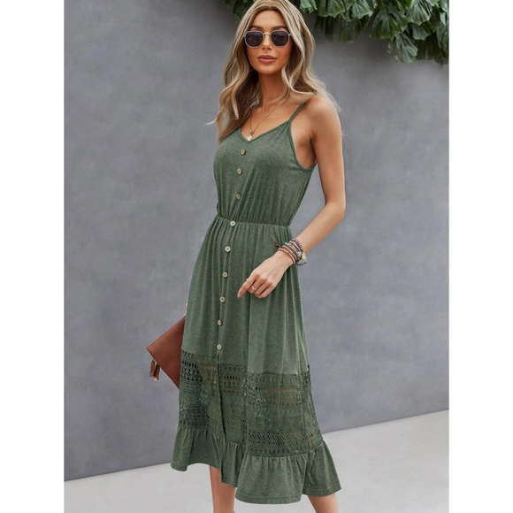 Green Midi Dress Fit and Flared Button Front Lace Detail Cami Top - Picture 6 of 8